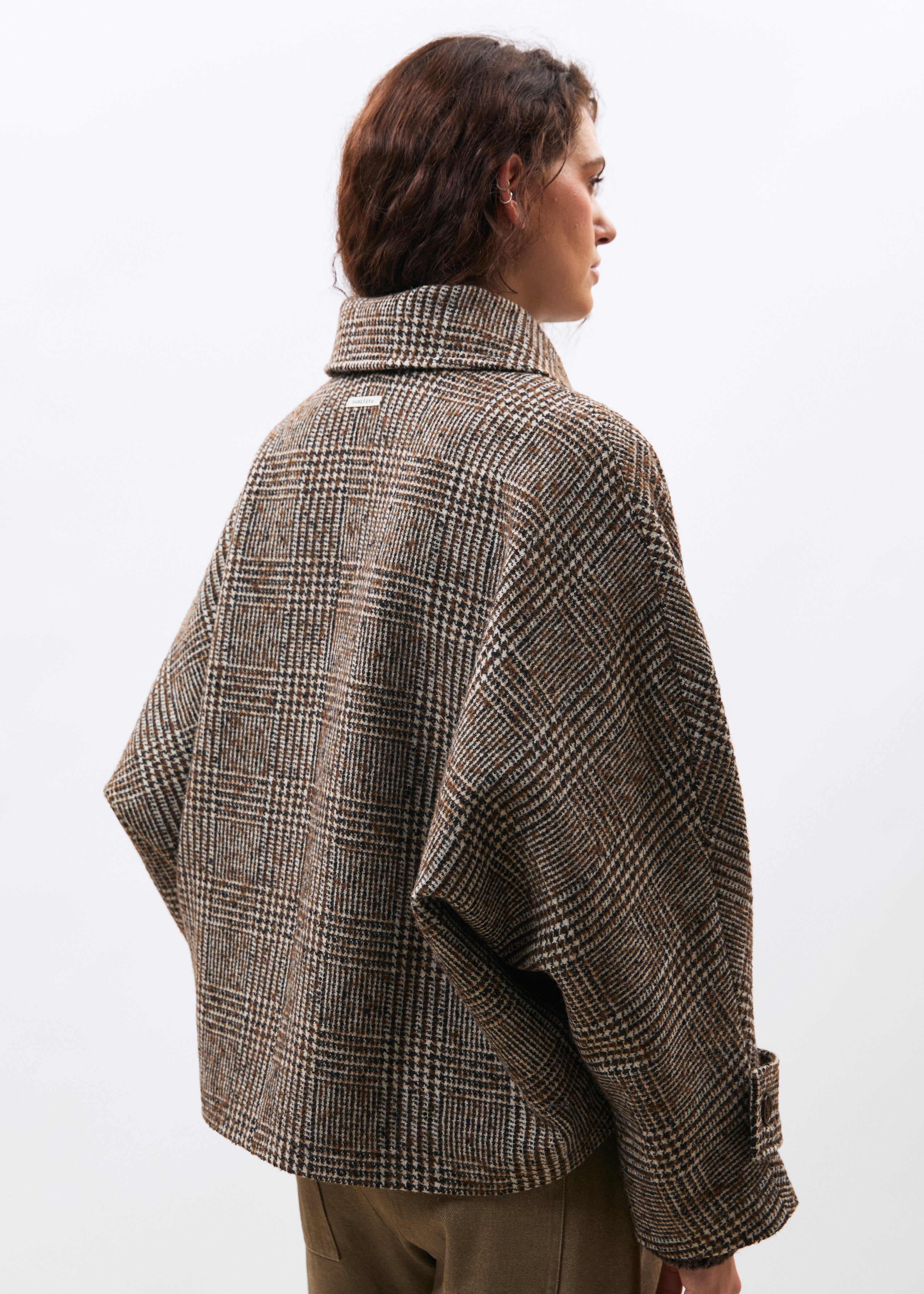 Blouson marron et écru en lainage prince de Galles - CHOCOLAT/OFF WHITE#couleur_CHOCOLAT/OFF WHITE