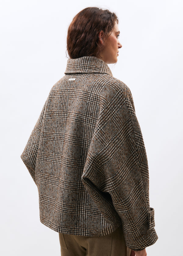 Blouson marron et écru en lainage prince de Galles - CHOCOLAT/OFF WHITE#couleur_CHOCOLAT/OFF WHITE