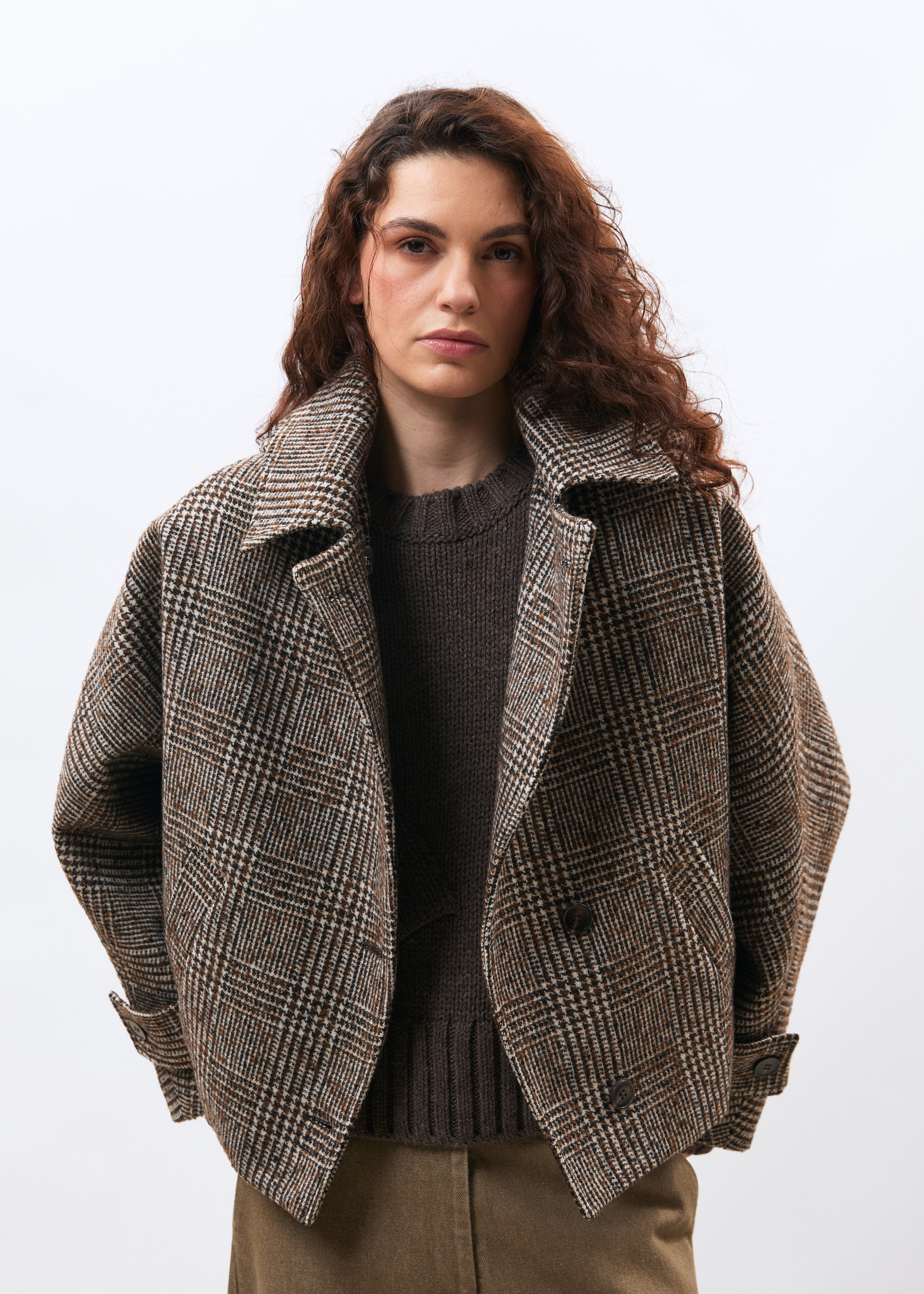 Blouson marron et écru en lainage prince de Galles - CHOCOLAT/OFF WHITE#couleur_CHOCOLAT/OFF WHITE
