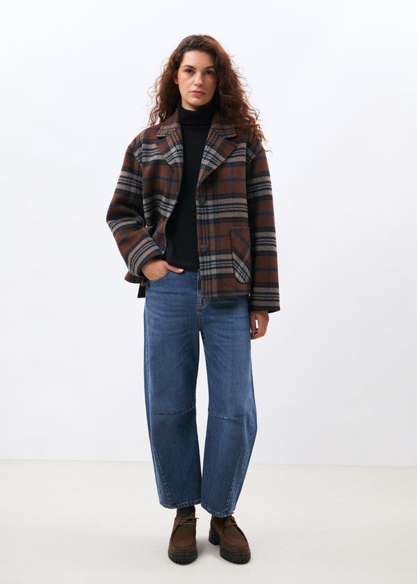 Manteau court marron double face à carreaux - CHOCOLAT#couleur_CHOCOLAT