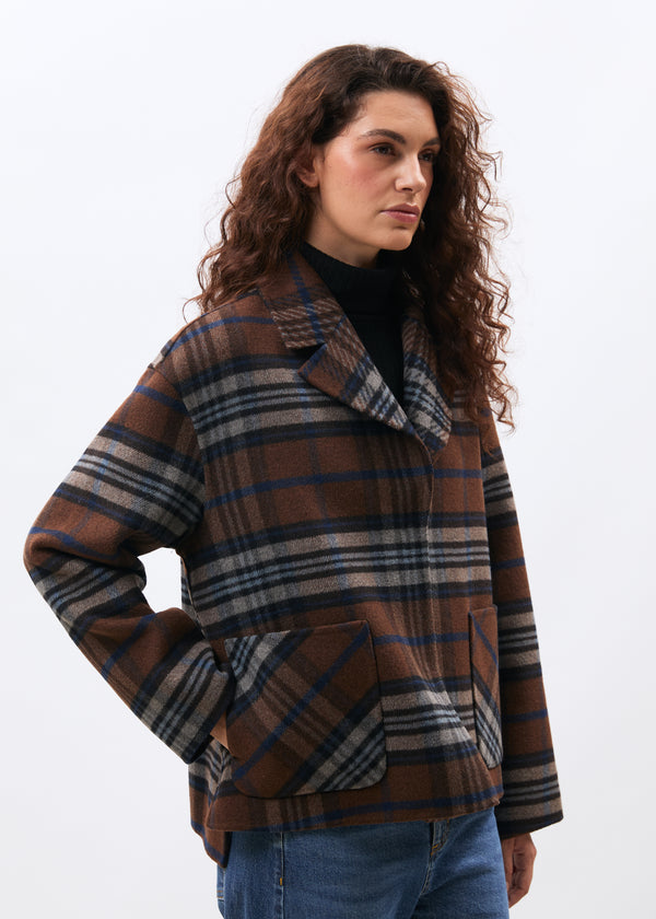 Manteau court marron double face à carreaux - CHOCOLAT#couleur_CHOCOLAT