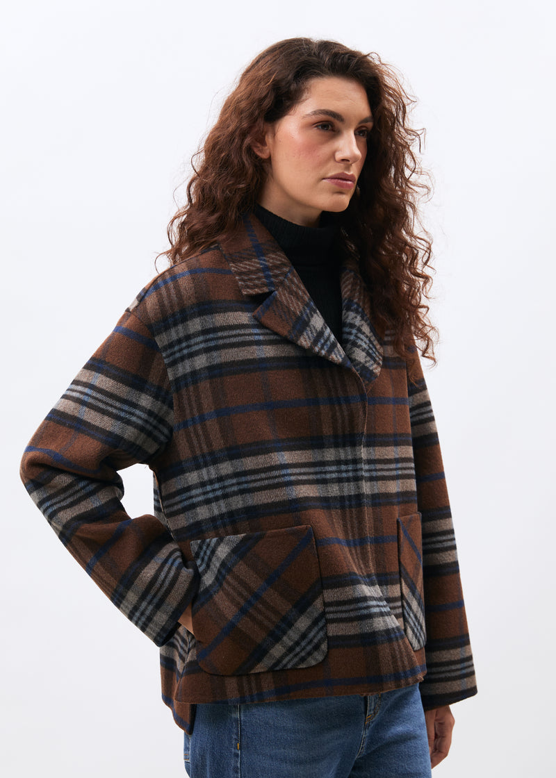 Manteau court marron double face à carreaux - CHOCOLAT#couleur_CHOCOLAT