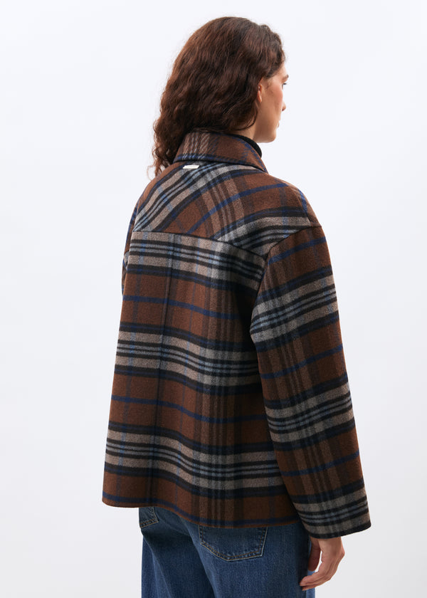 Manteau court marron double face à carreaux - CHOCOLAT#couleur_CHOCOLAT