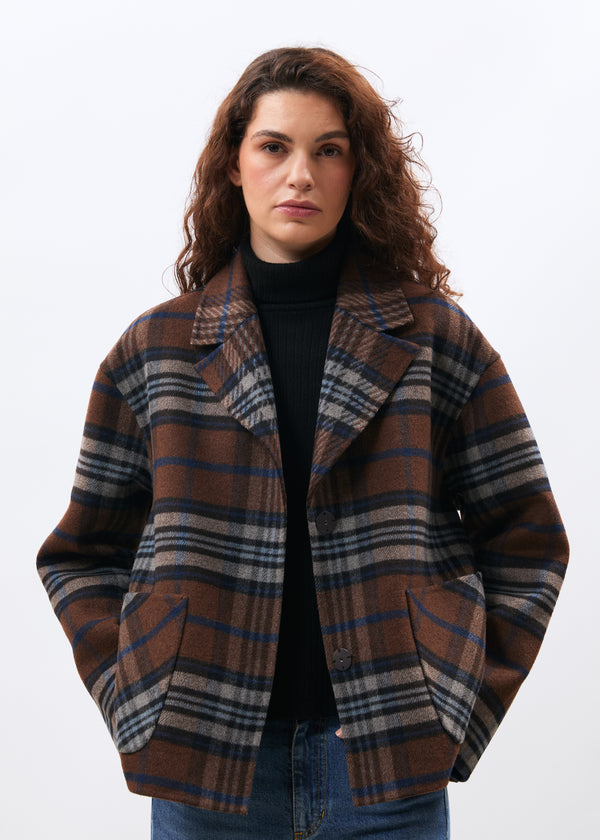 Manteau court marron double face à carreaux - CHOCOLAT#couleur_CHOCOLAT