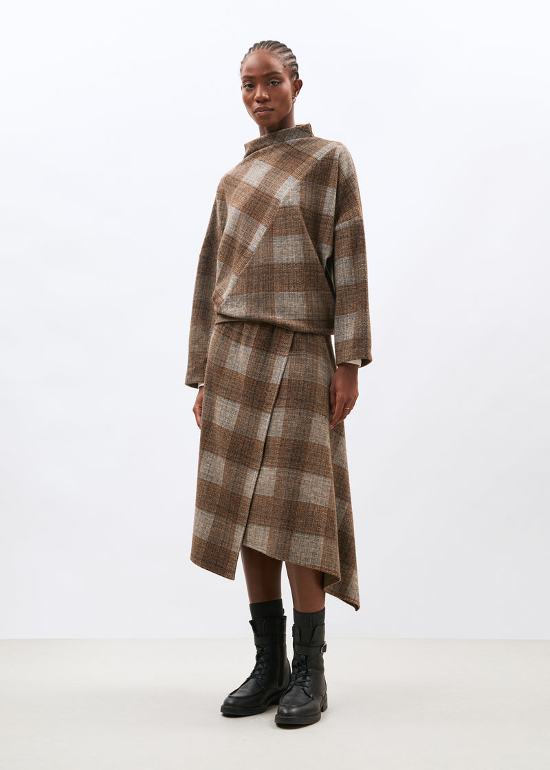 Jupe asymétrique à carreaux marron en jersey - marron#couleur_marron