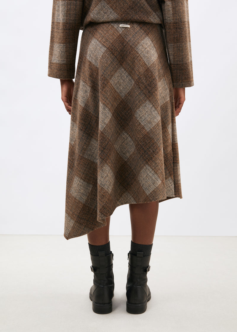 Jupe asymétrique à carreaux marron en jersey - marron#couleur_marron