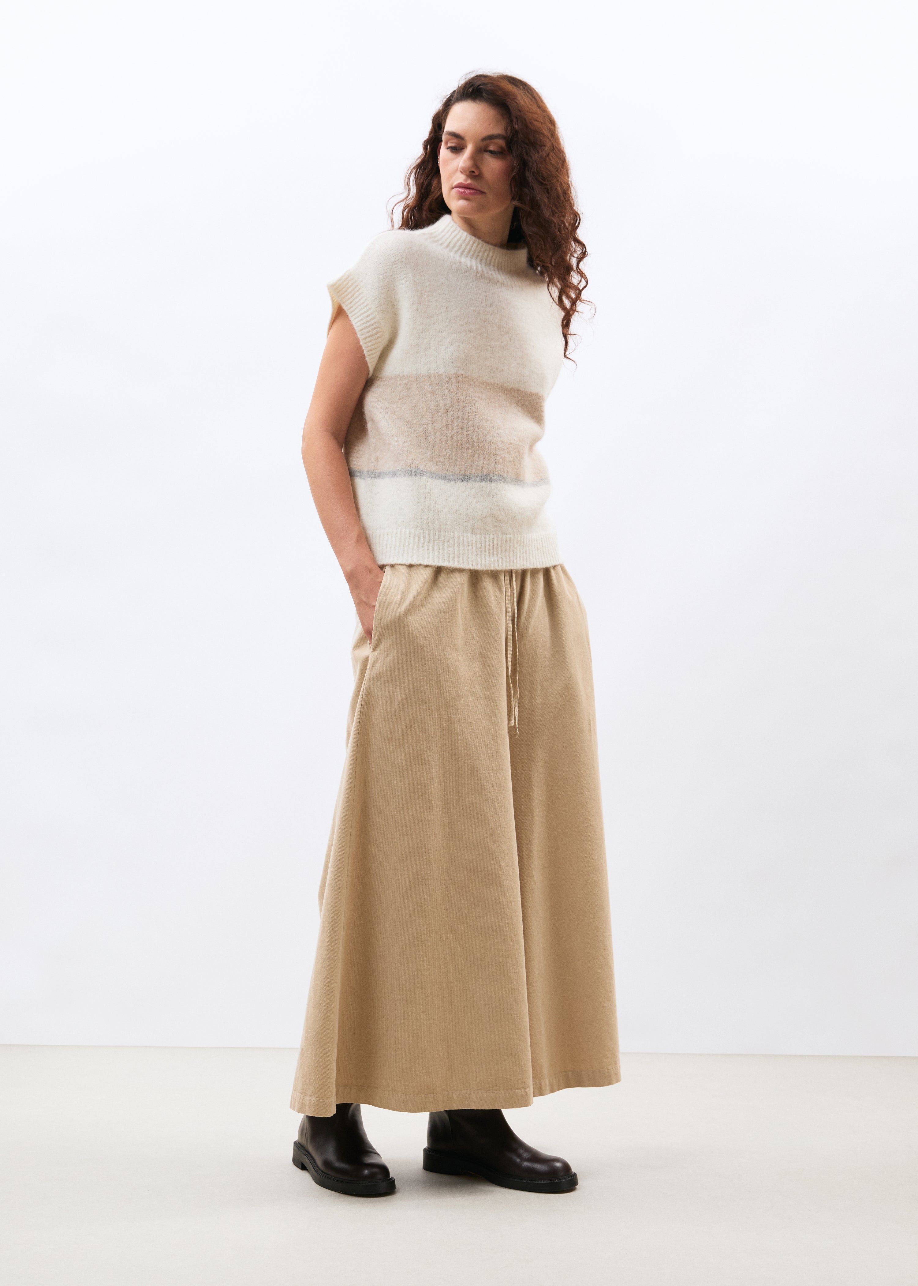 Pantalon large jupe-culotte beige en velours côtelé - SABLE#couleur_SABLE