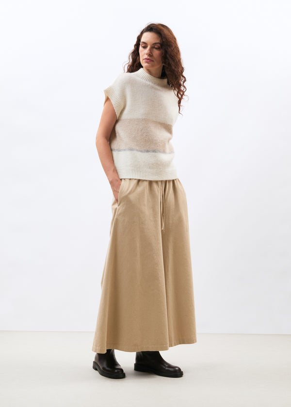 Pantalon large jupe-culotte beige en velours côtelé - SABLE#couleur_SABLE