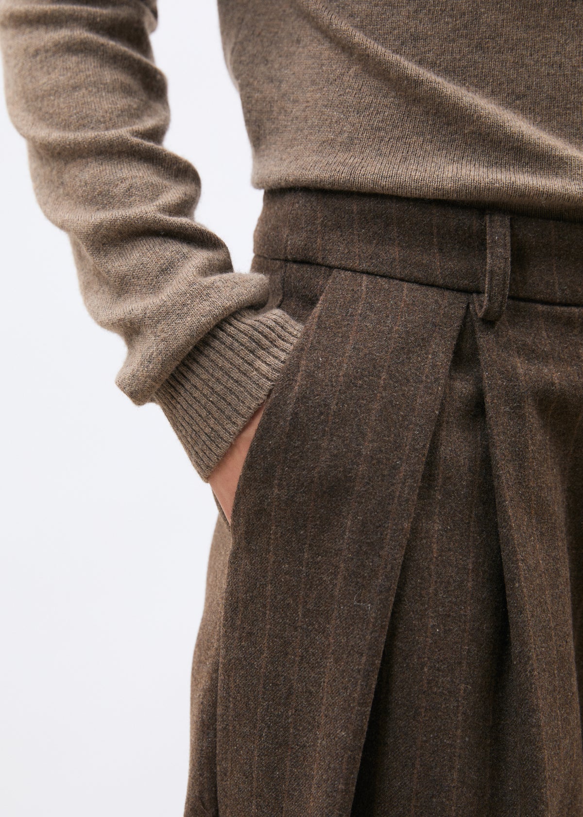 Pantalon large taupe en flanelle à rayures - TAUPE#couleur_TAUPE