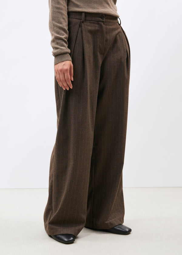 Pantalon large taupe en flanelle à rayures - TAUPE#couleur_TAUPE