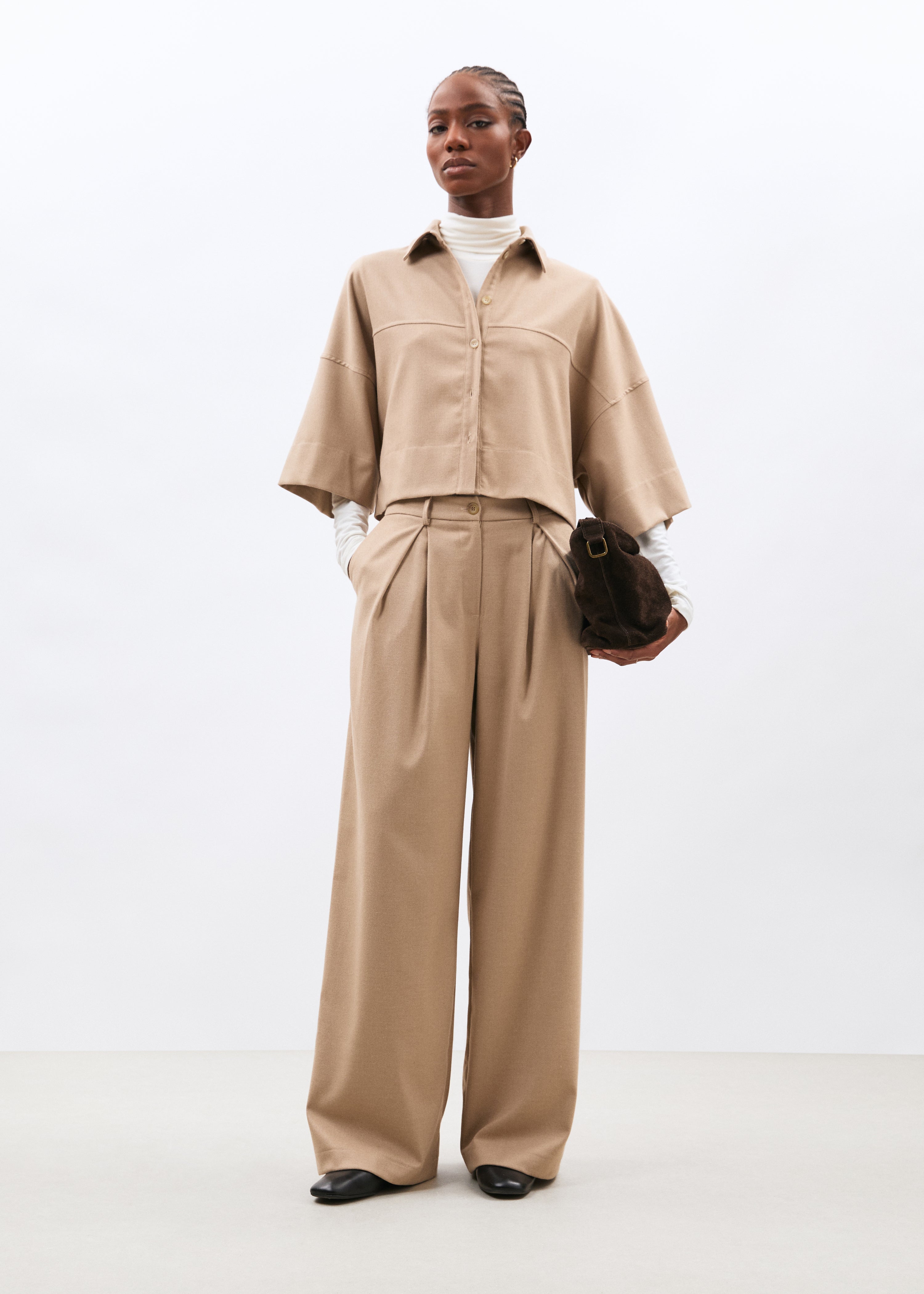 Pantalon large beige en flanelle - SABLE#couleur_SABLE