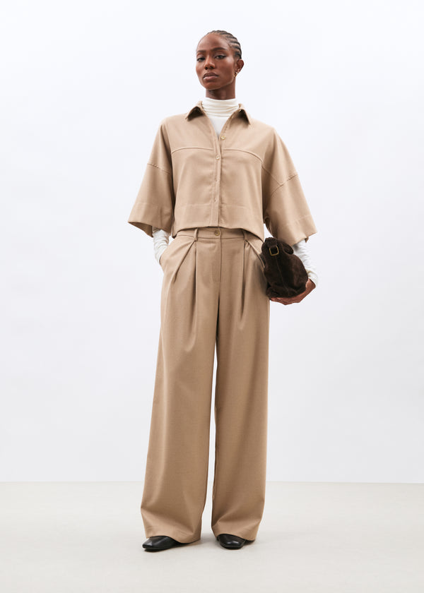 Pantalon large beige en flanelle - SABLE#couleur_SABLE