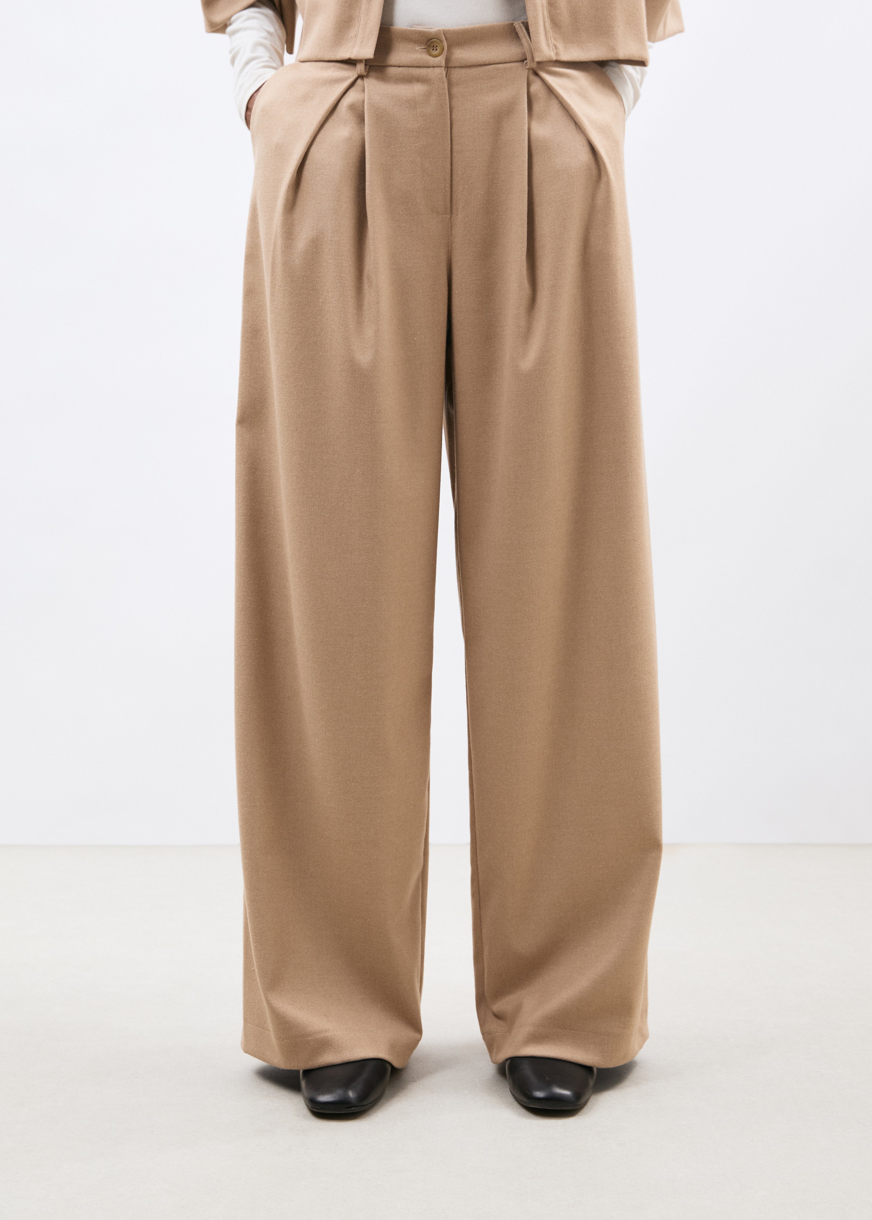 Pantalon large beige en flanelle - SABLE#couleur_SABLE