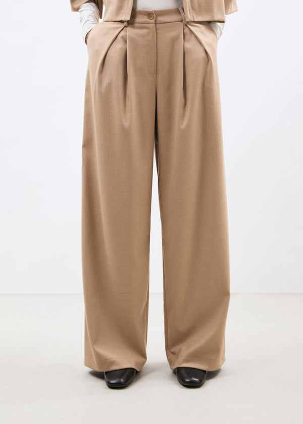 Pantalon large beige en flanelle - SABLE#couleur_SABLE