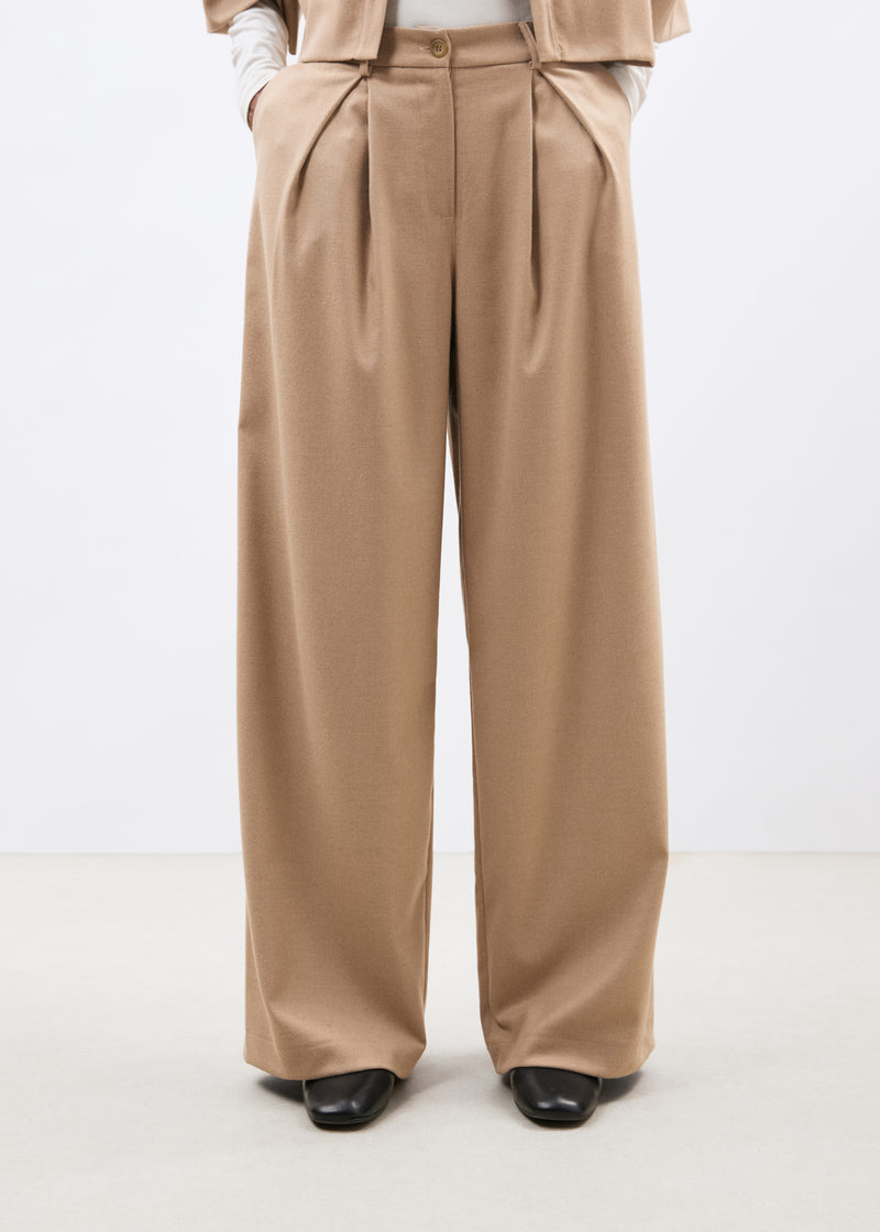 Pantalon large beige en flanelle - SABLE#couleur_SABLE