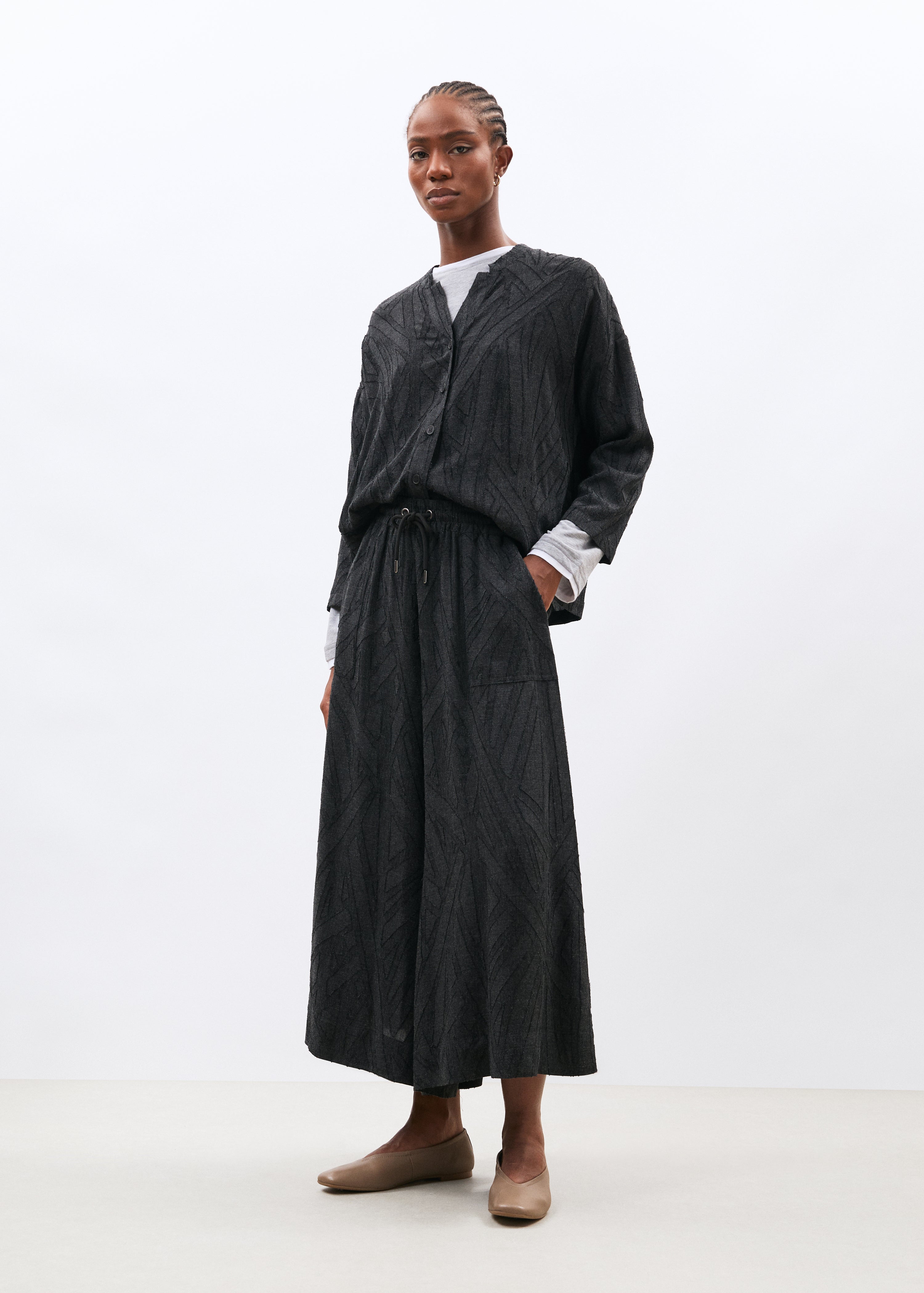 Pantalon large gris 7/8ème en flanelle jacquard - ANTHRACITE#couleur_ANTHRACITE