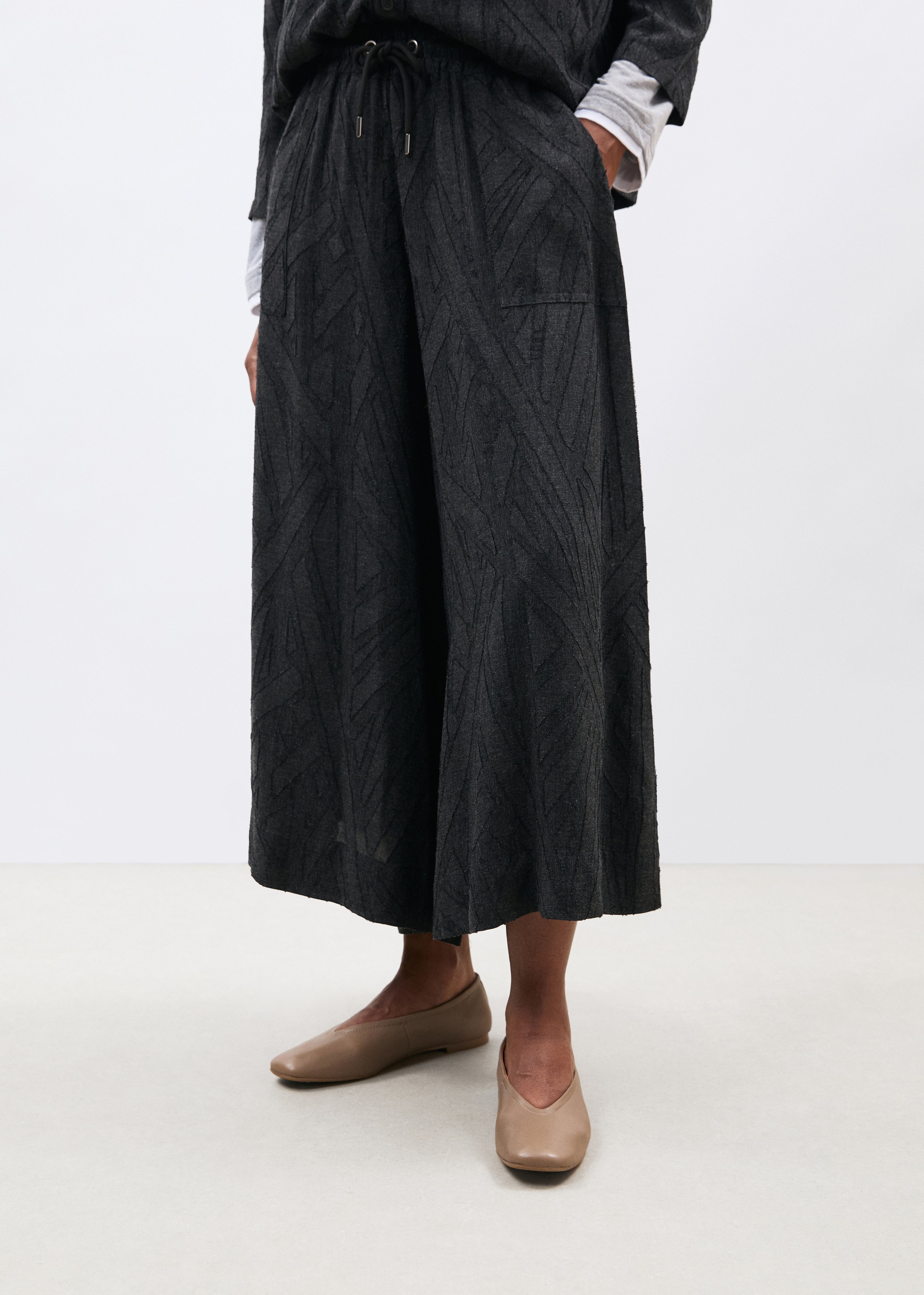 Pantalon large gris 7/8ème en flanelle jacquard - ANTHRACITE#couleur_ANTHRACITE