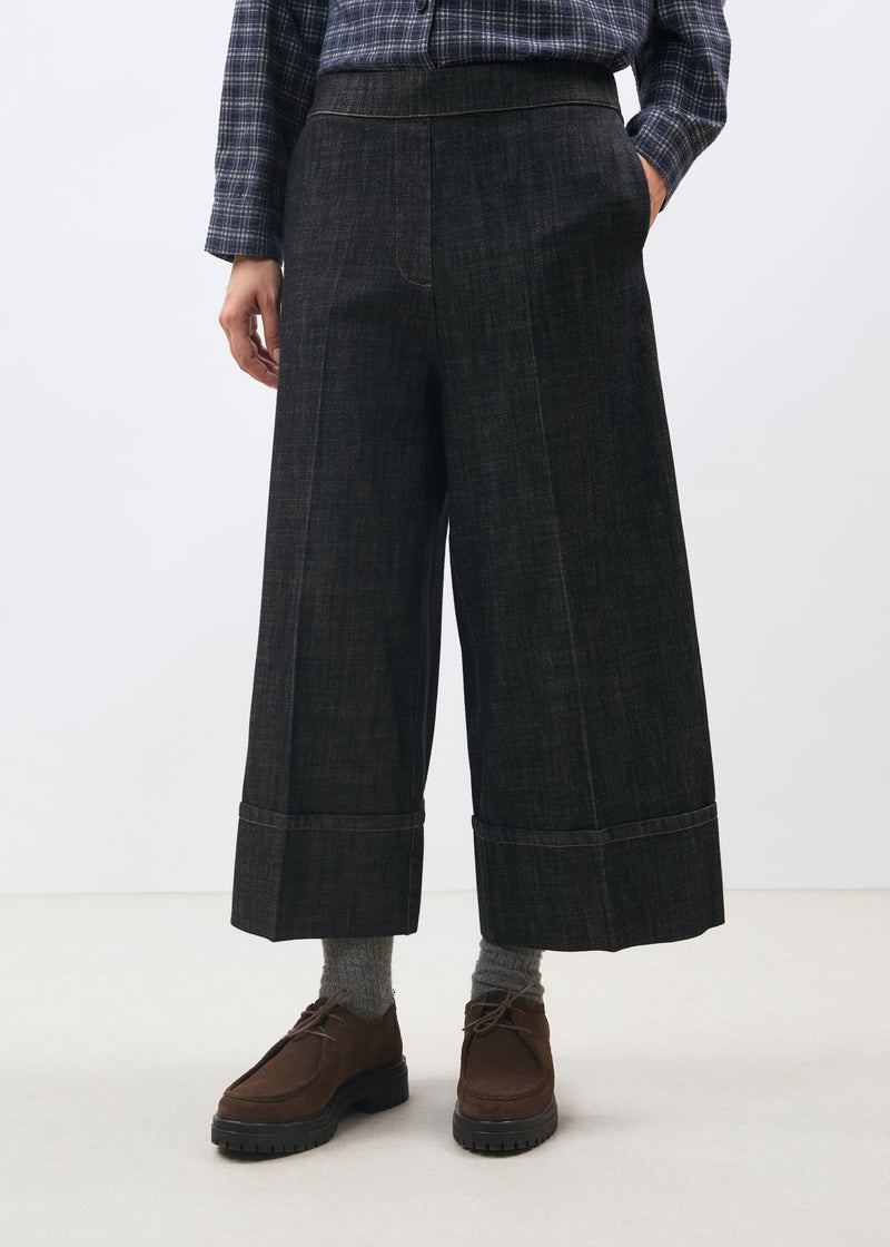 Pantalon large 7/8ème à revers en denim noir - NOIR#couleur_NOIR