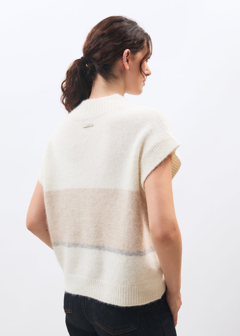 Pull écru à rayures sans manches en maille col montant - OFF WHITE/BEIGE#couleur_OFF WHITE/BEIGE