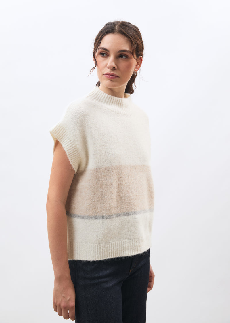 Pull écru à rayures sans manches en maille col montant - OFF WHITE/BEIGE#couleur_OFF WHITE/BEIGE