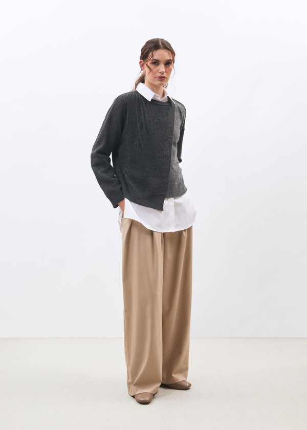 Pull gris en maille côtelée col rond - GRIS CHINE#couleur_GRIS CHINE