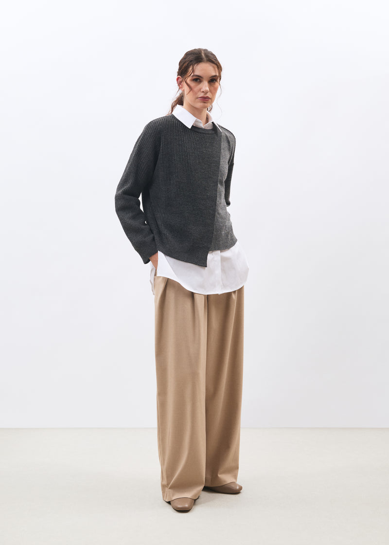 Pull gris en maille côtelée col rond - GRIS CHINE#couleur_GRIS CHINE