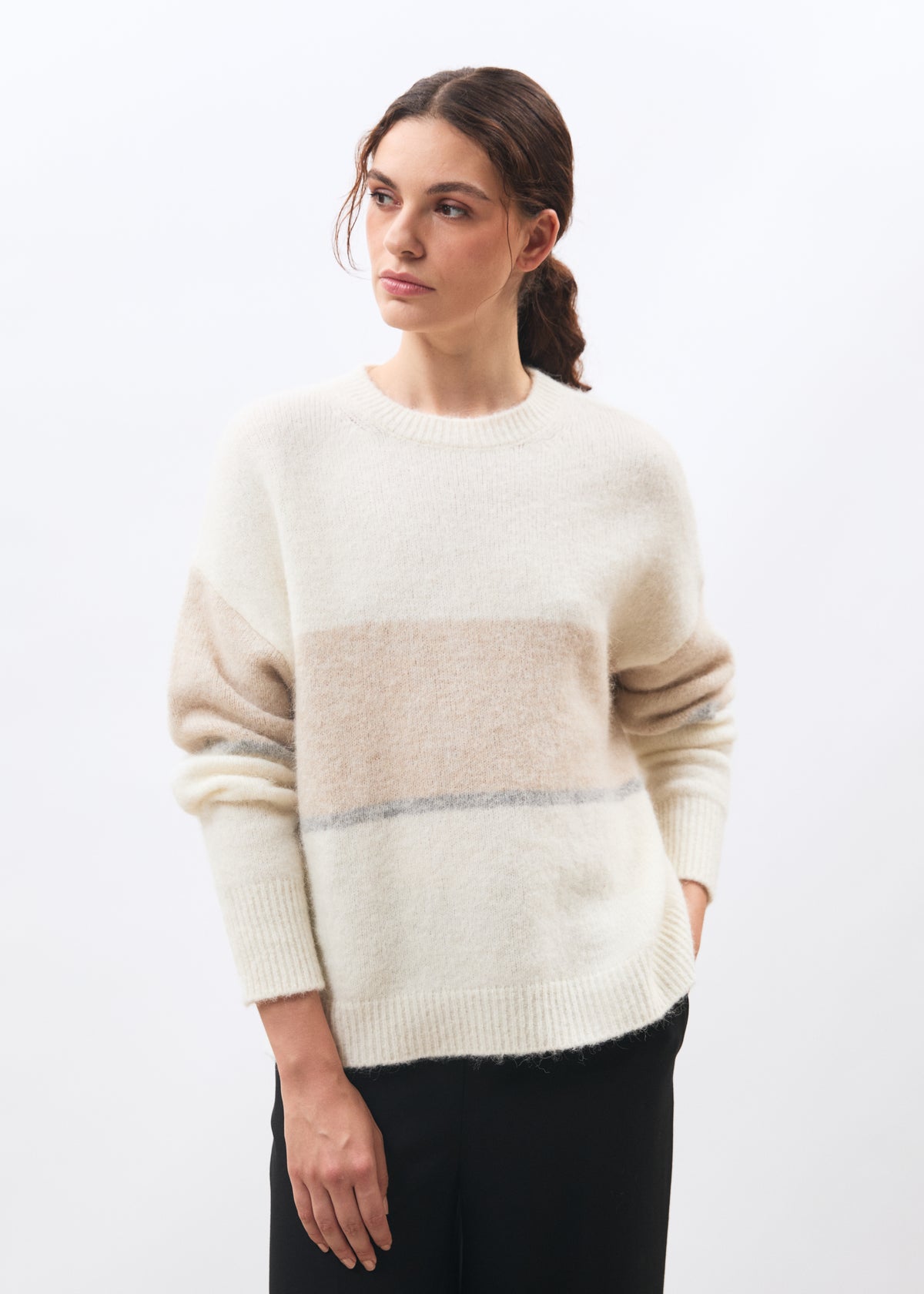 Pull écru à rayures en maille col rond - OFF WHITE/BEIGE#couleur_OFF WHITE/BEIGE