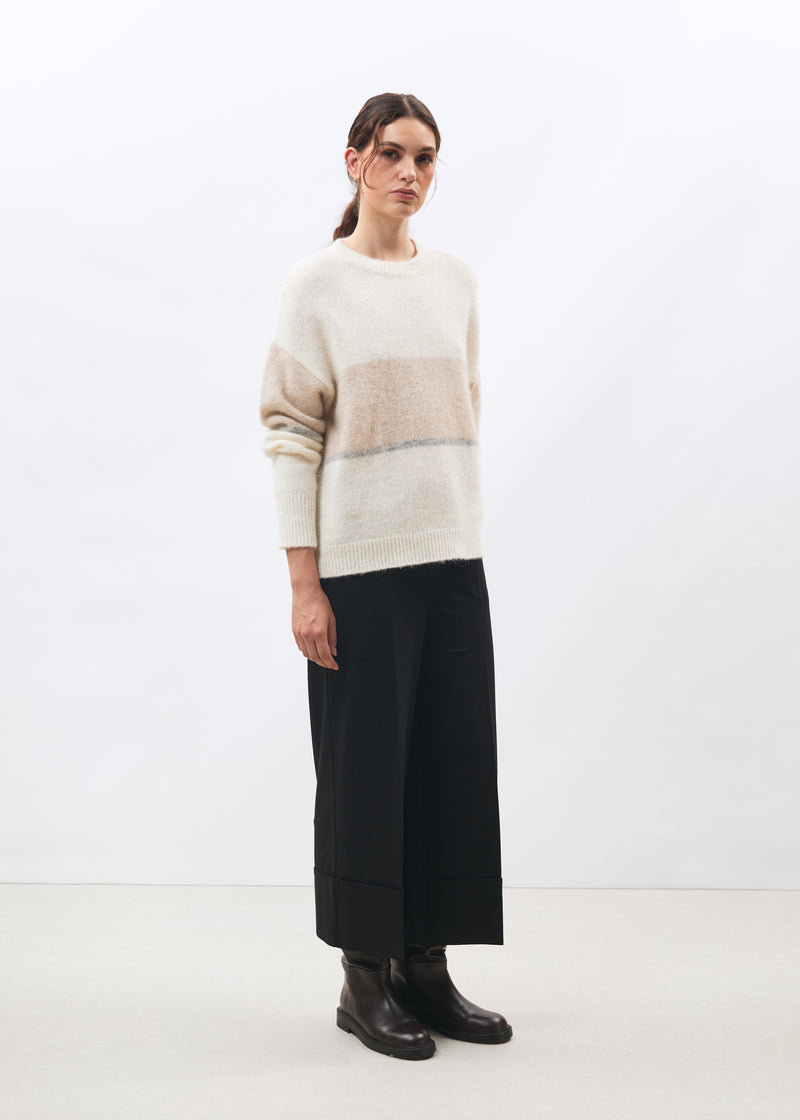 Pull écru à rayures en maille col rond - OFF WHITE/BEIGE#couleur_OFF WHITE/BEIGE