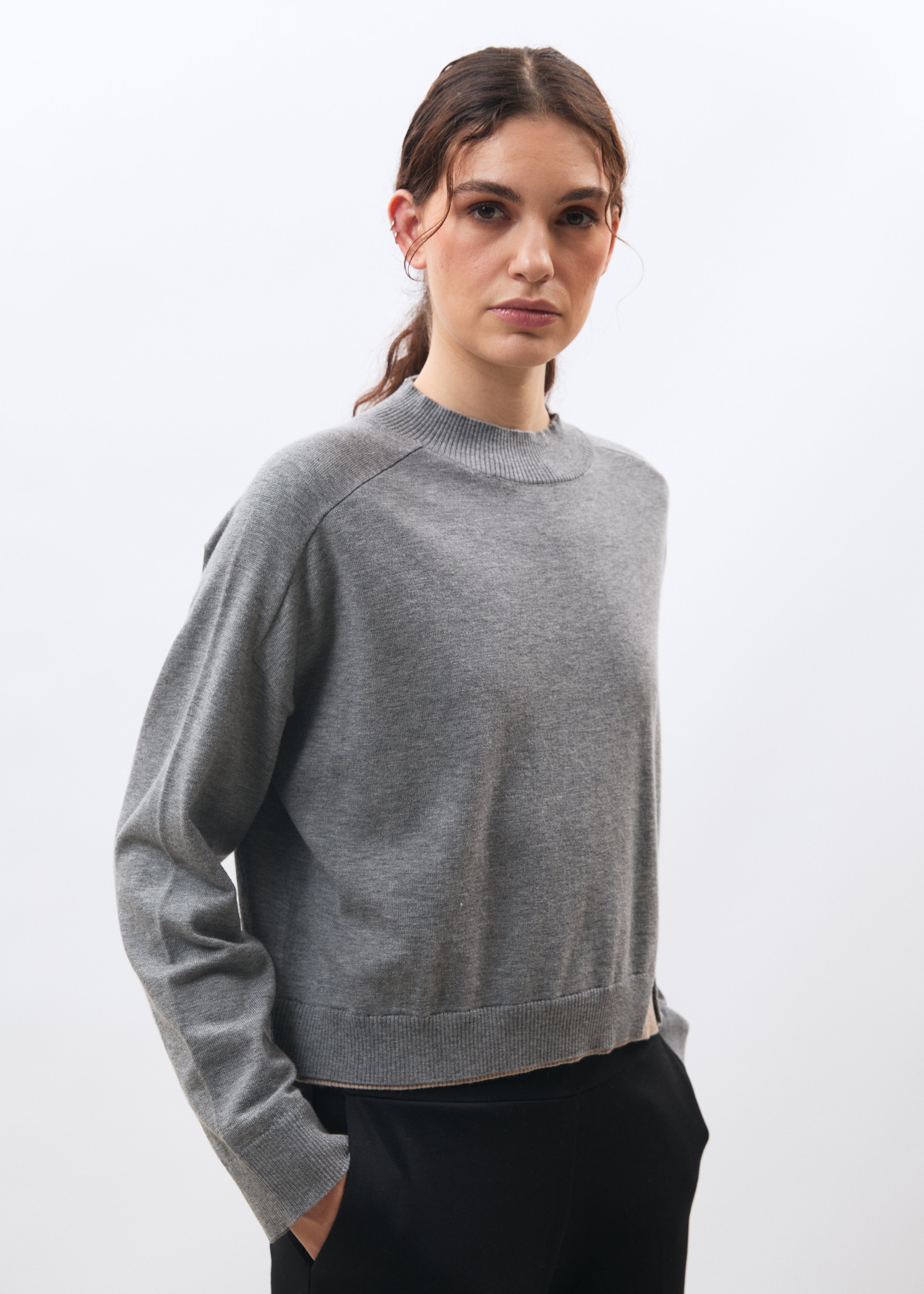 Pull gris manches longues en maille - GRIS CHINE#couleur_GRIS CHINE