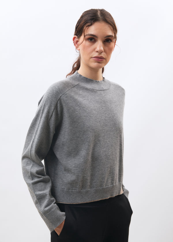 Pull gris manches longues en maille - GRIS CHINE#couleur_GRIS CHINE