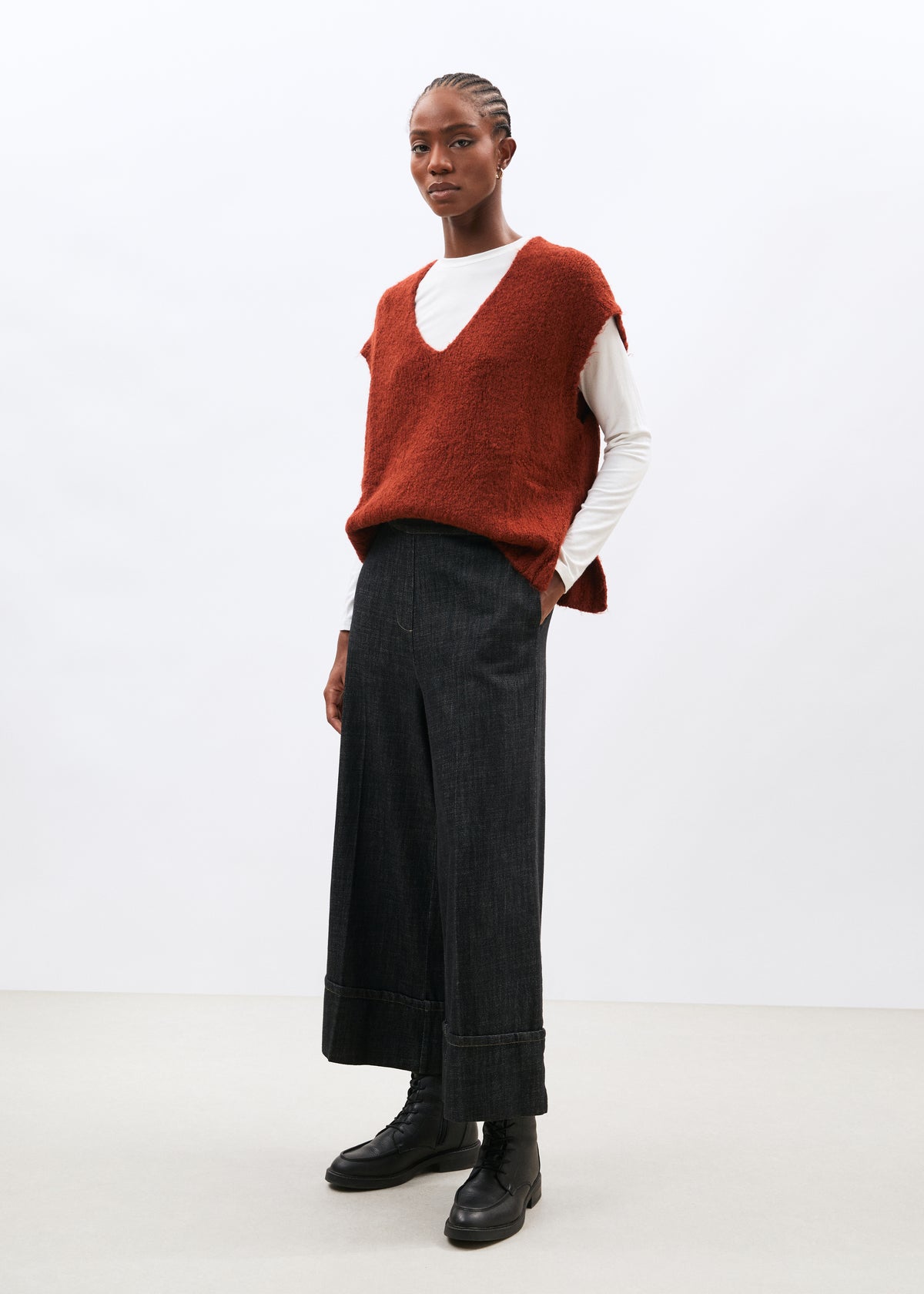 Pull orange sans manches en maille bouclette col V - orange#couleur_orange