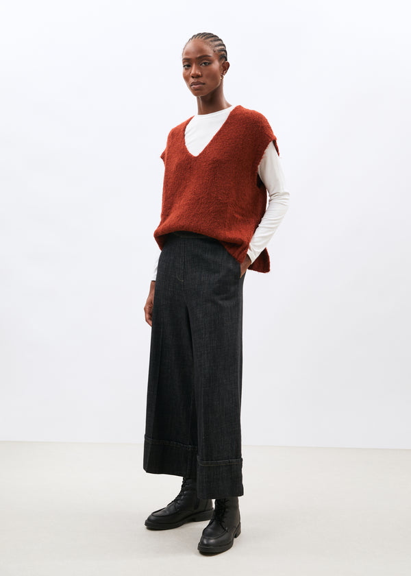 Pull orange sans manches en maille bouclette col V - orange#couleur_orange