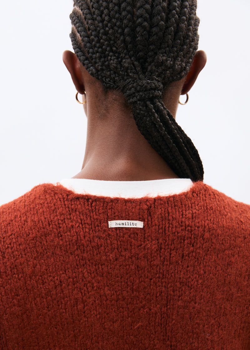 Pull orange sans manches en maille bouclette col V - orange#couleur_orange