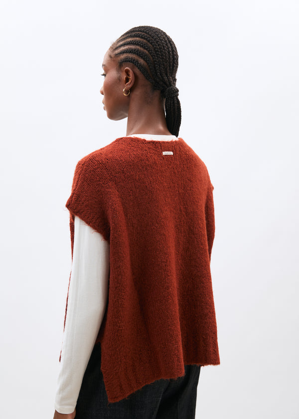 Pull orange sans manches en maille bouclette col V - orange#couleur_orange