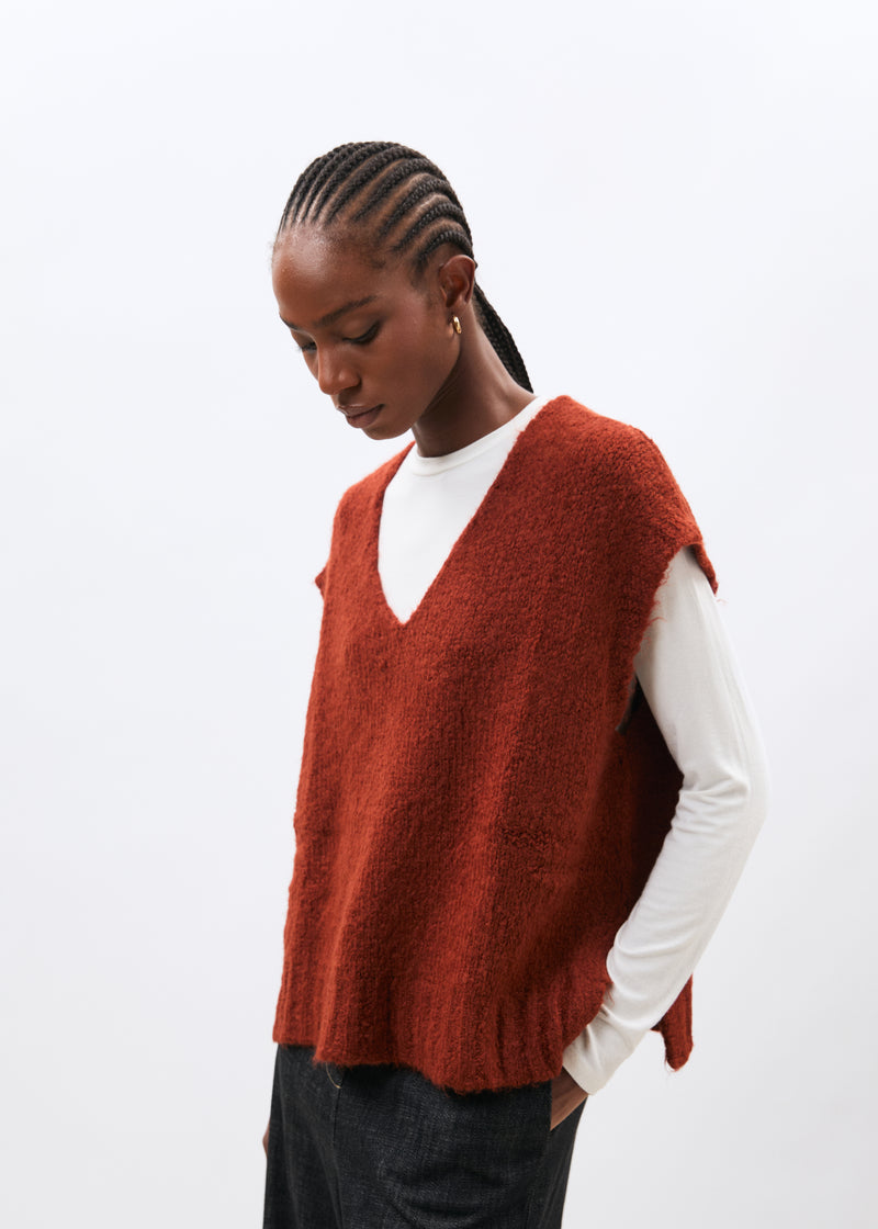 Pull orange sans manches en maille bouclette col V - orange#couleur_orange