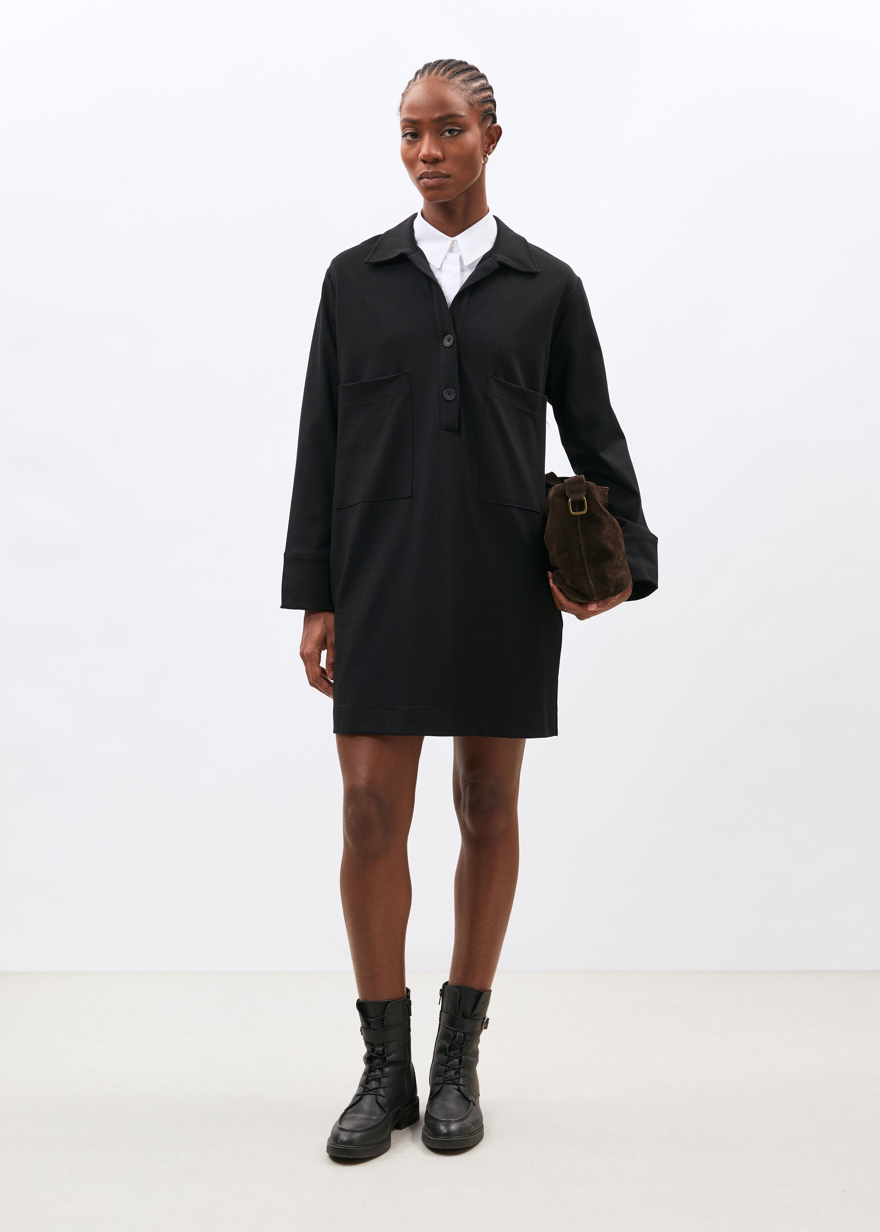 Robe courte noire manches longues en jersey milano - NOIR#couleur_NOIR