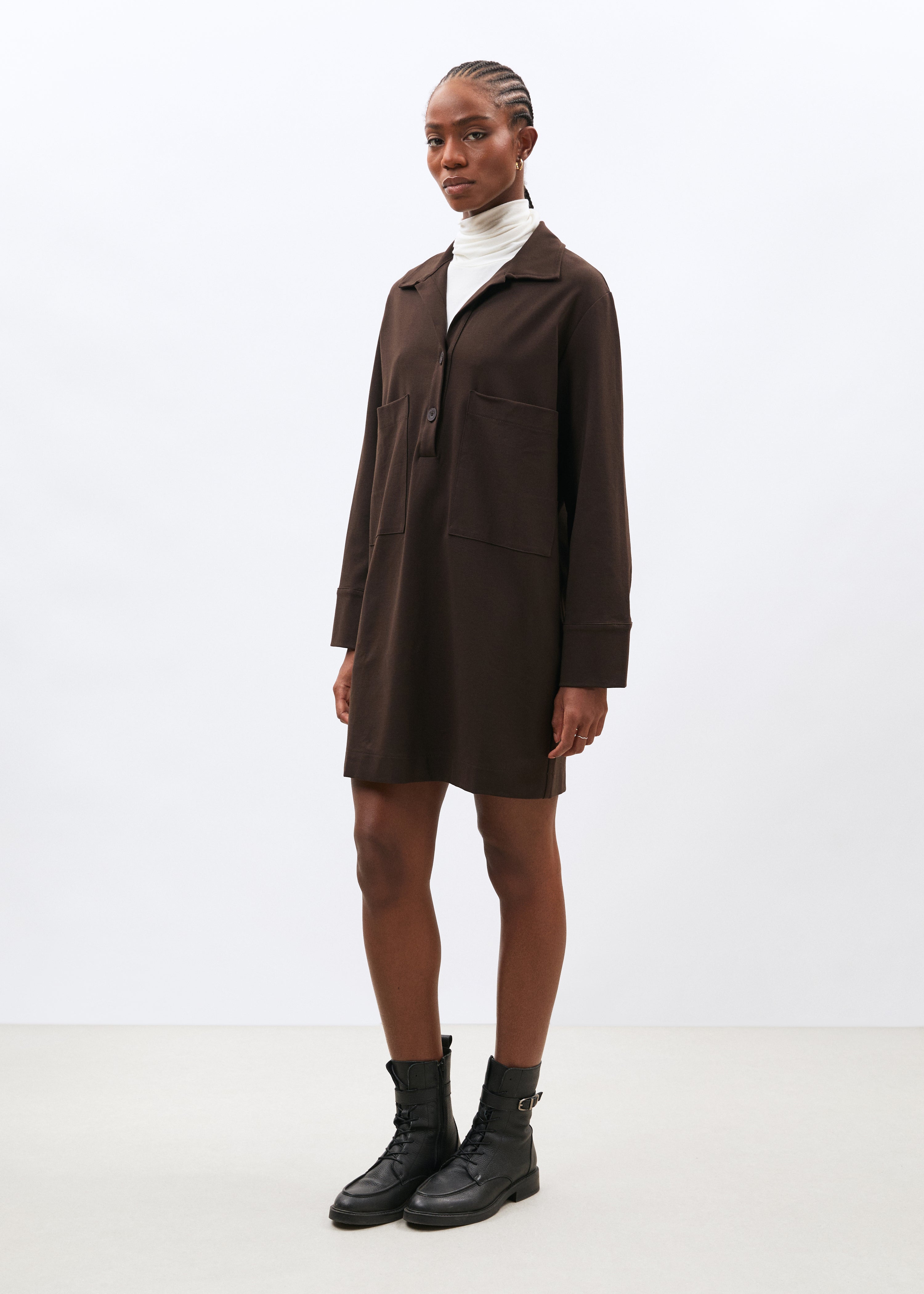 Robe courte marron manches longues en jersey milano - CHOCOLAT#couleur_CHOCOLAT