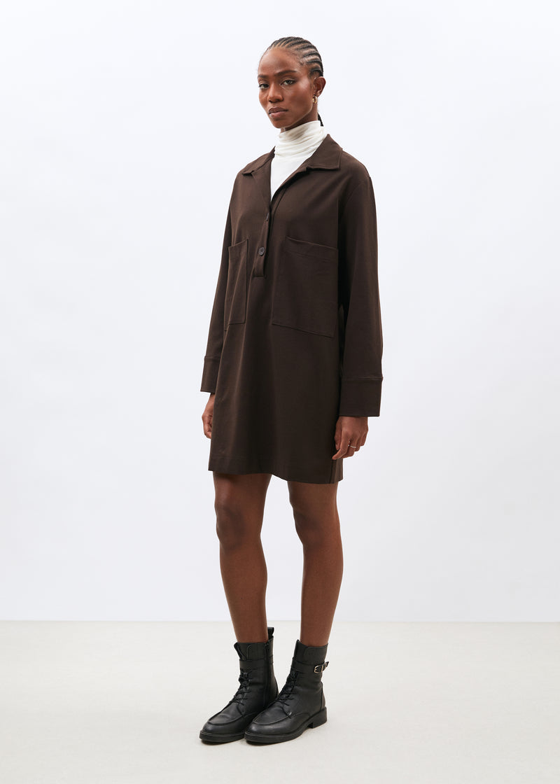 Robe courte marron manches longues en jersey milano - CHOCOLAT#couleur_CHOCOLAT