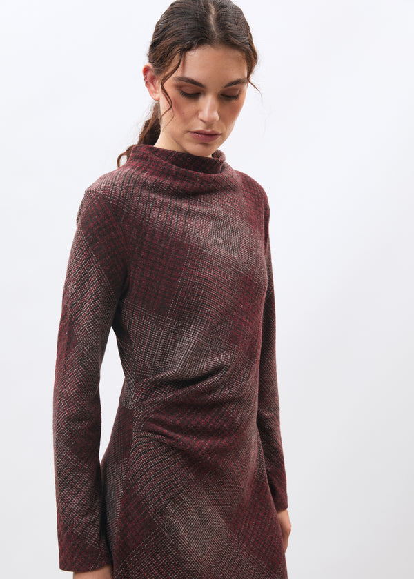 Robe midi à carreaux bordeaux manches longues en jersey - BORDEAUX#couleur_BORDEAUX