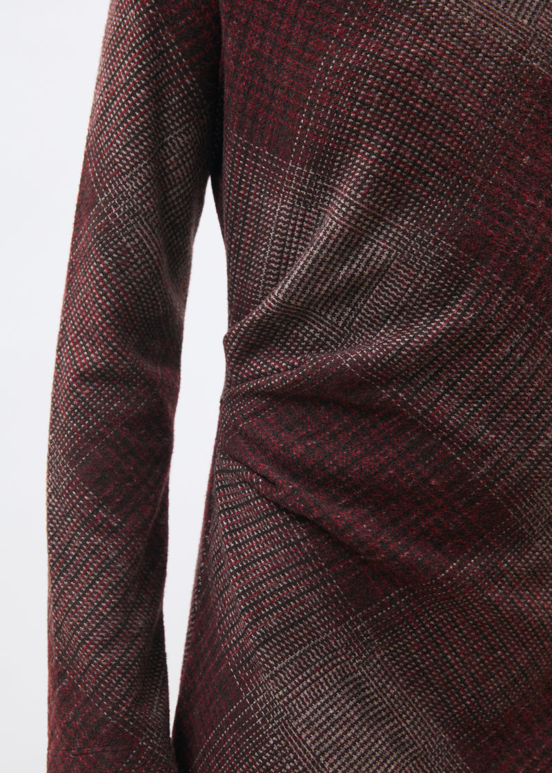 Robe midi à carreaux bordeaux manches longues en jersey - BORDEAUX#couleur_BORDEAUX