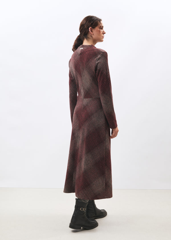 Robe midi à carreaux bordeaux manches longues en jersey - BORDEAUX#couleur_BORDEAUX