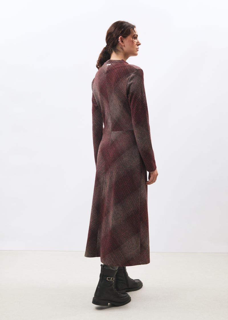 Robe midi à carreaux bordeaux manches longues en jersey - BORDEAUX#couleur_BORDEAUX