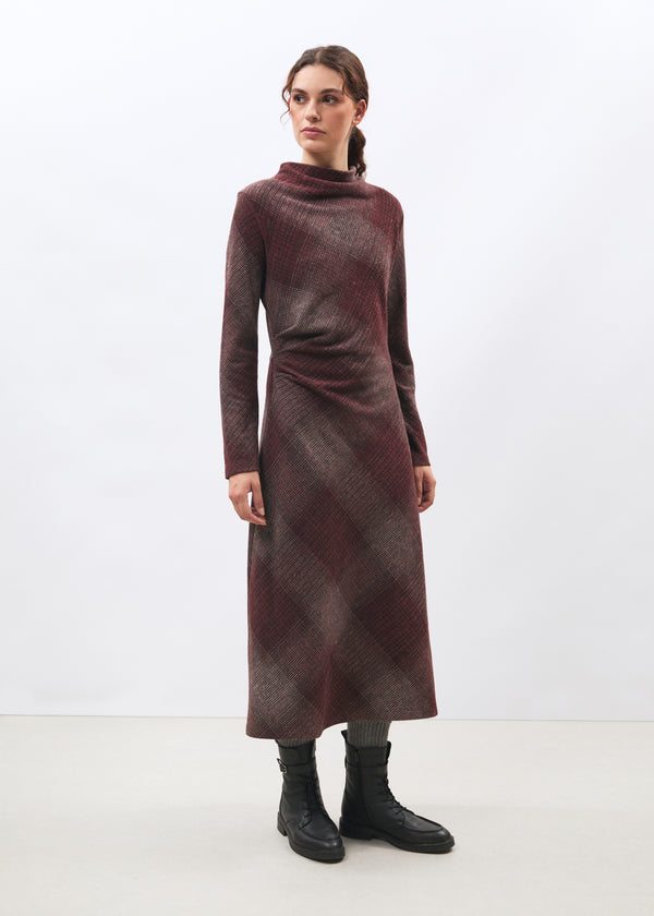 Robe midi à carreaux bordeaux manches longues en jersey - BORDEAUX#couleur_BORDEAUX