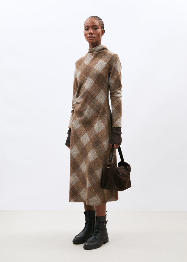 Robe midi à carreaux marron manches longues en jersey - marron#couleur_marron