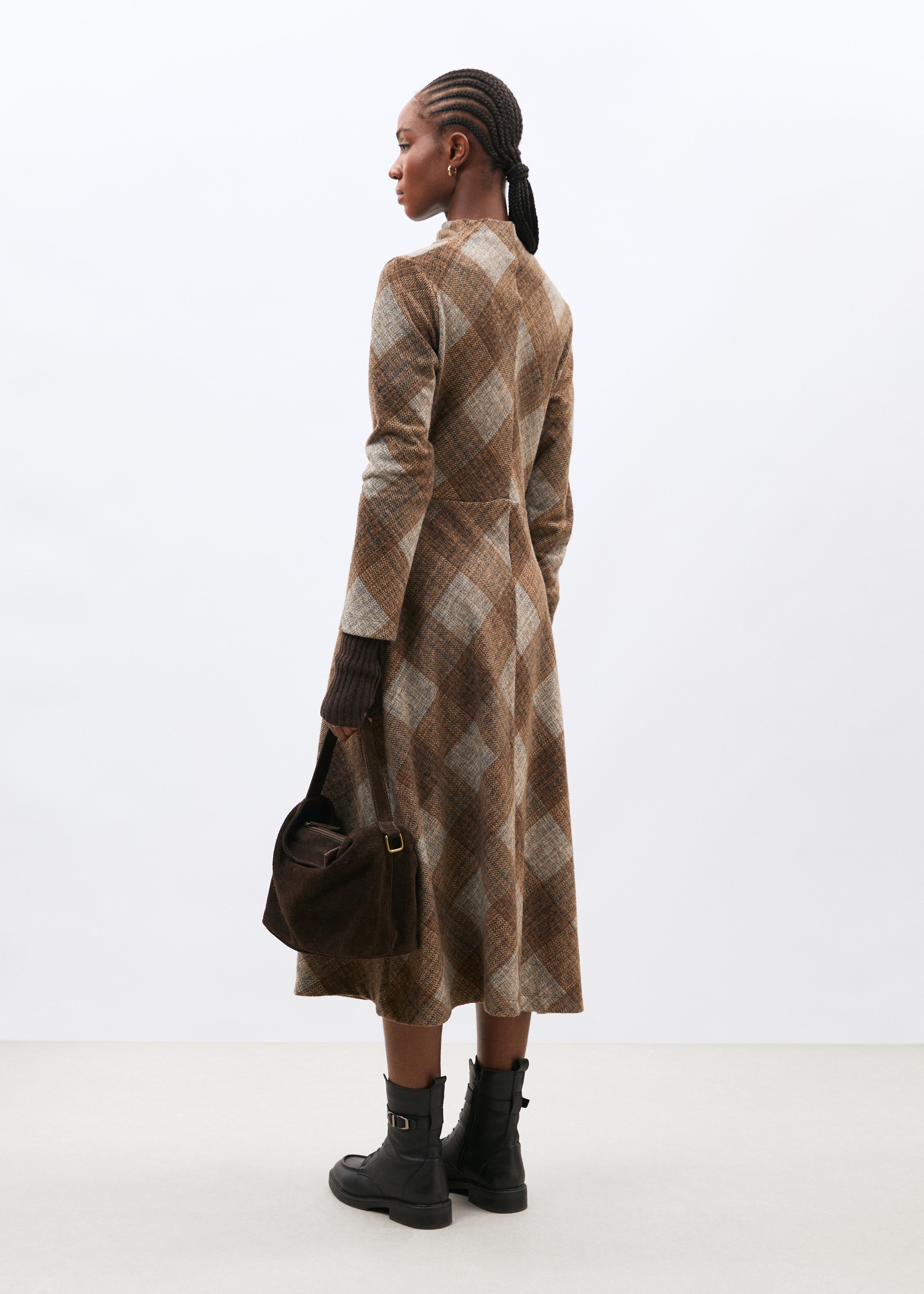 Robe midi à carreaux marron manches longues en jersey - marron#couleur_marron