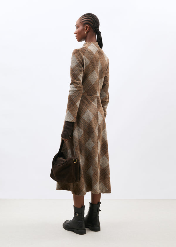 Robe midi à carreaux marron manches longues en jersey - marron#couleur_marron