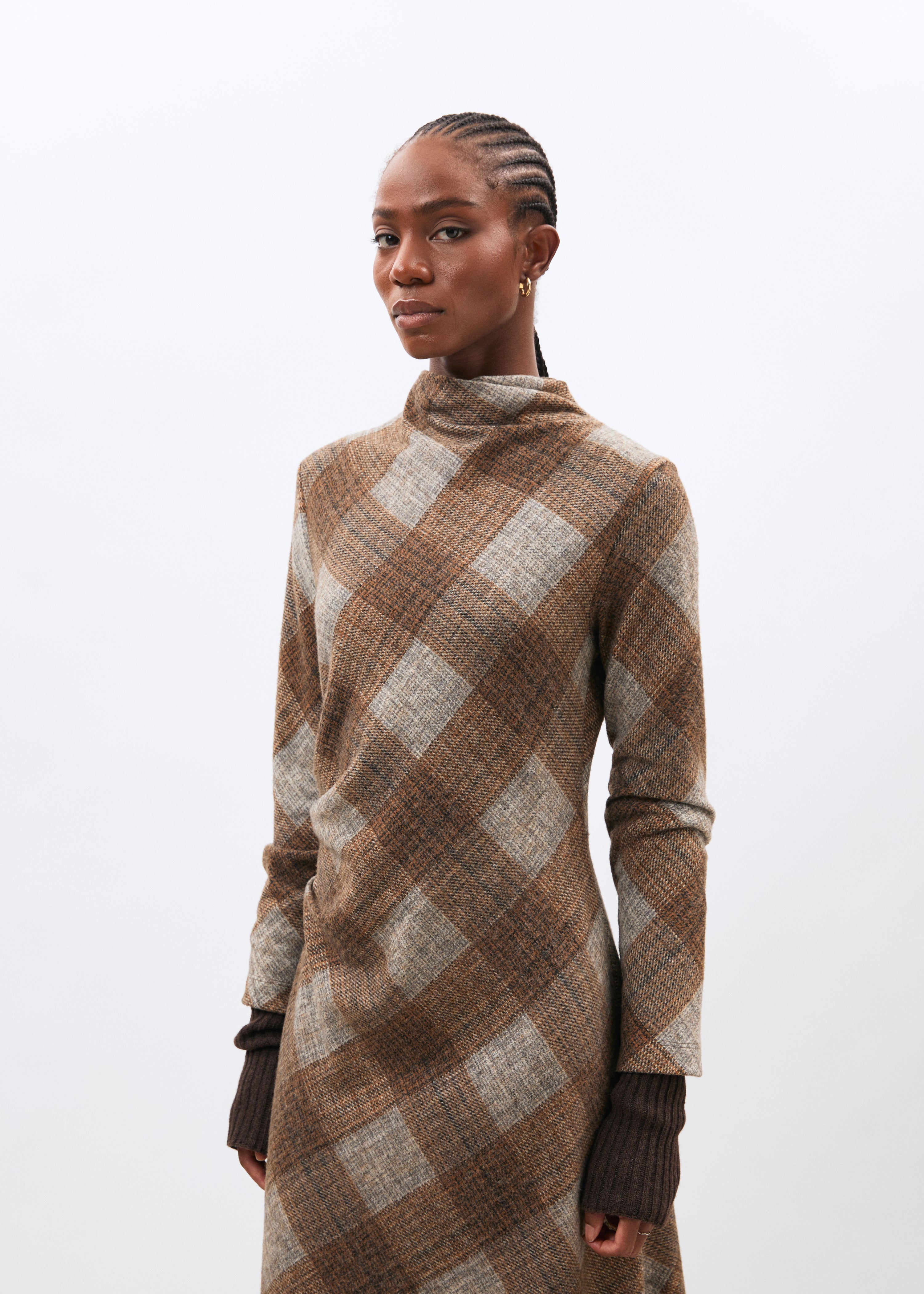 Robe midi à carreaux marron manches longues en jersey - marron#couleur_marron