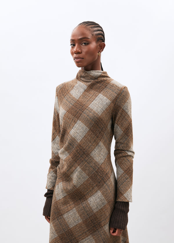 Robe midi à carreaux marron manches longues en jersey - marron#couleur_marron