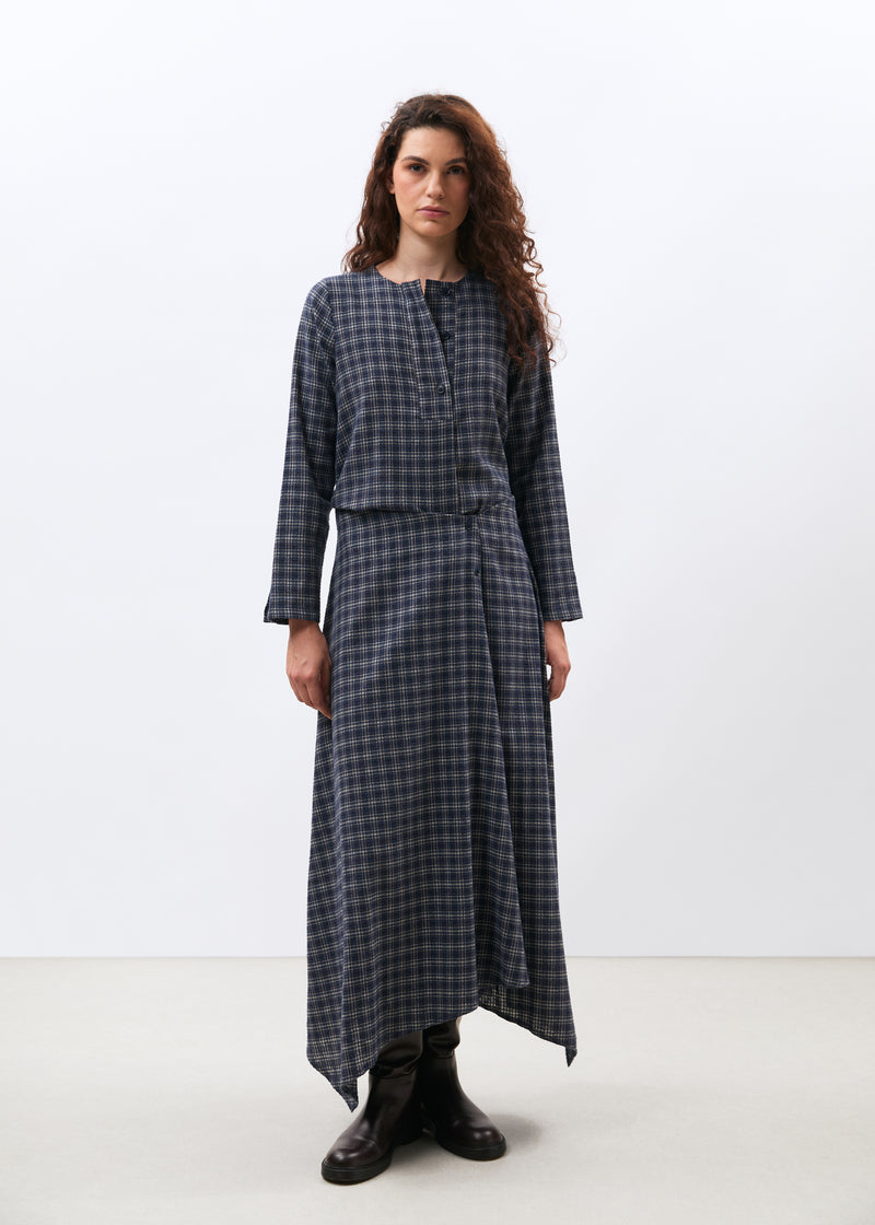 Blouse à carreaux bleu marine manches longues col rond - MARINE#couleur_MARINE