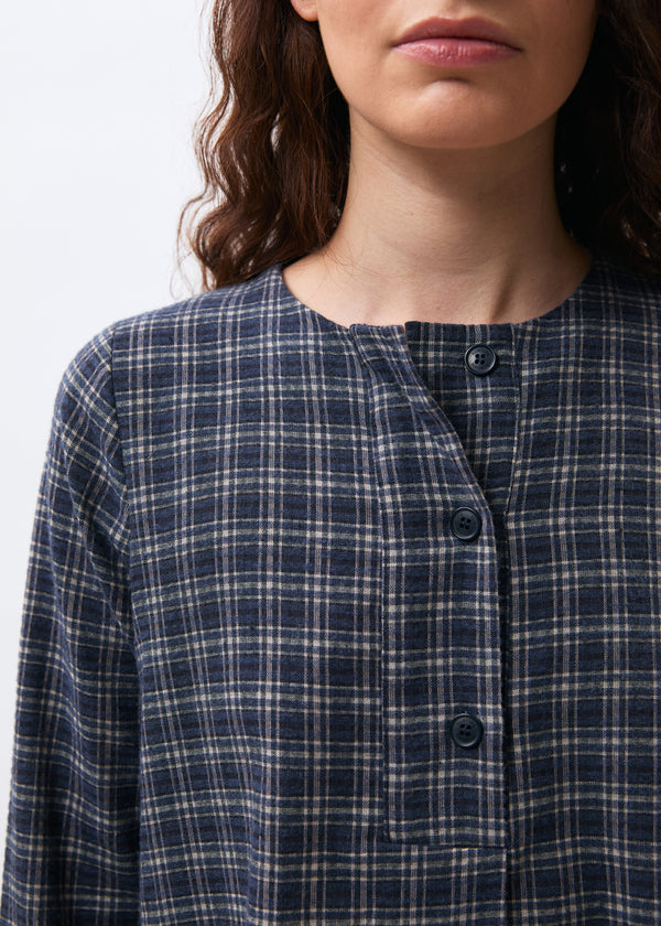 Blouse à carreaux bleu marine manches longues col rond - MARINE#couleur_MARINE